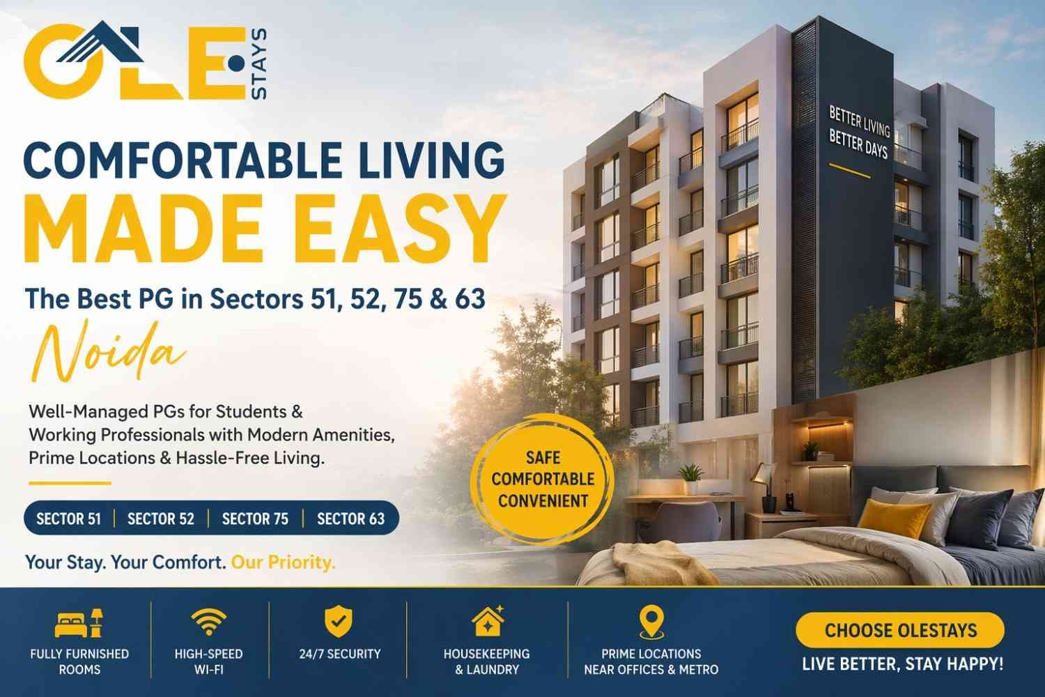 Comfortable Living Made Easy - The Best PG in Sectors 51, 52, 75 & 63 Noida